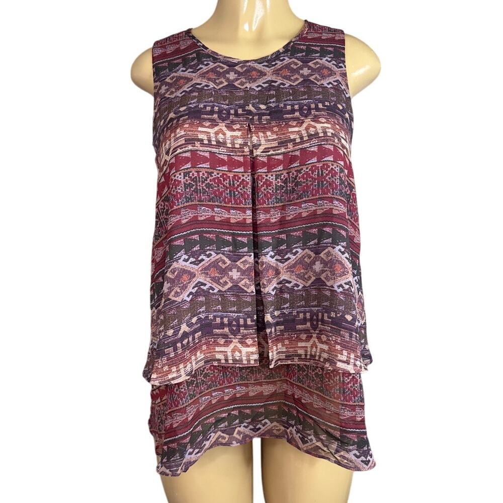 BCBGeneration Layered Tank Top Semi Sheer Aztec Pattern Size Medium NWT